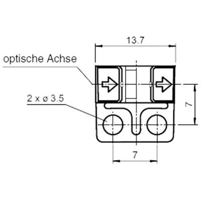 Disegno tecnico di un componente rettangolare con quote: larghezza 13,7 mm, altezza 7 mm. Marcature per 'asse ottico'.