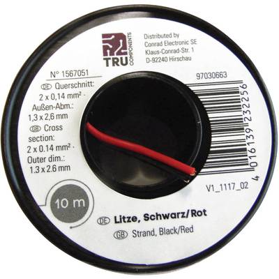 Rotolo con filo nero e rosso, lungo 10 metri, dimensioni esterne 1,3 x 2,6 mm, sezione trasversale 2 x 0,14 mm².