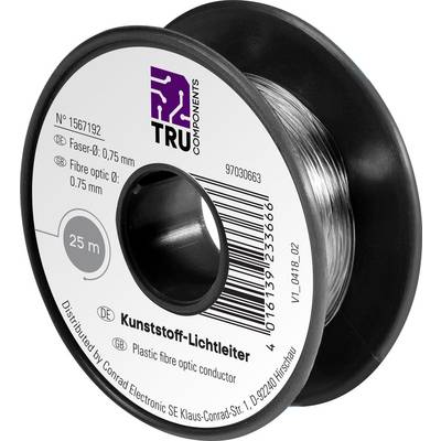 Una bobina con 25 metri di fibra ottica in plastica, diametro 0,75 mm, di TRU Components. L'etichetta mostra dettagli tecnici e informazioni del produttore.