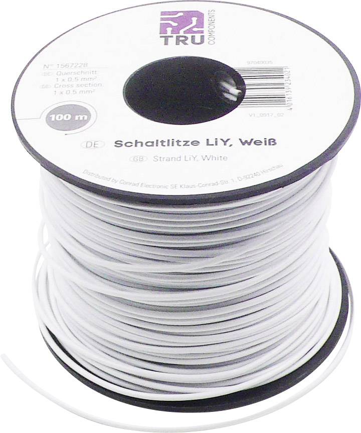 Bobina da 100 metri di cavo flessibile bianco LiY, adatto per progetti elettronici. Produttore: TRU Components. Sezione del filo: 1,0 mm².