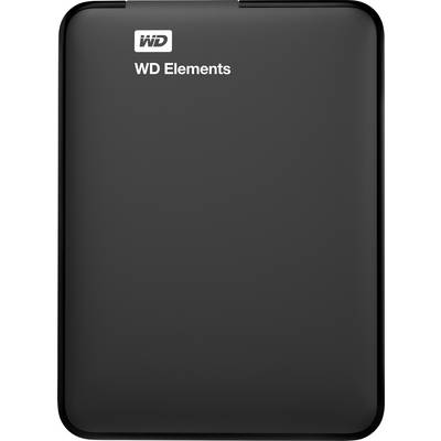 Hard disk esterno nero del marchio WD Elements, rettangolare con angoli arrotondati. Ideale per l'archiviazione aggiuntiva dei dati.