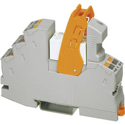 Un relè elettrico grigio su guida DIN con morsetto di fissaggio arancione. Utilizzato in quadri elettrici per sistemi di controllo.