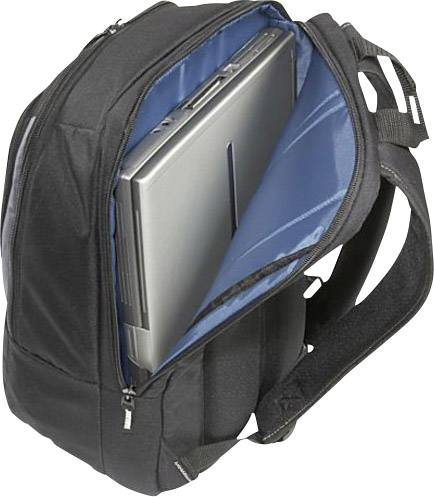 Uno zaino nero con lo scomparto principale aperto, all'interno del quale è riposto un laptop argentato. L'interno dello zaino è rivestito di blu.