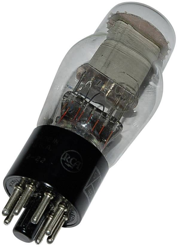 Una vecchia valvola elettronica con involucro in vetro, piedini metallici e componenti interne per l'amplificazione di segnali elettrici.