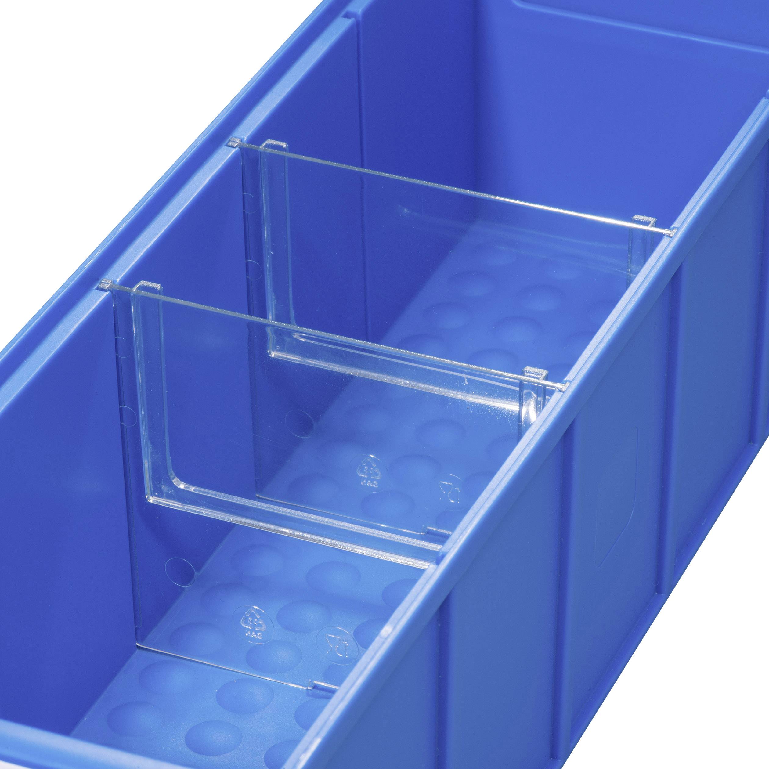 Un contenitore rettangolare blu in plastica con pareti divisorie trasparenti e regolabili. Adatto per conservare oggetti di piccole dimensioni.