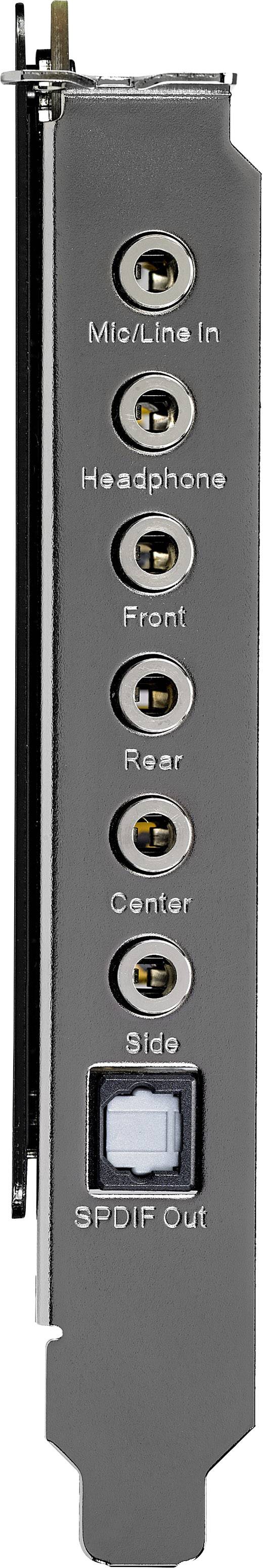 Retro di una scheda audio con sei connettori audio e un'uscita S/PDIF, ciascuno etichettato per diversi tipi di connessioni dei canali.