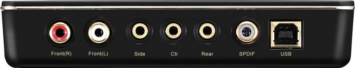 Connettori audio sul retro di un dispositivo: Front (R/L), Side, Ctr, Rear, SPDIF e USB. Progettati per connessioni di altoparlanti e trasmissione audio digitale.