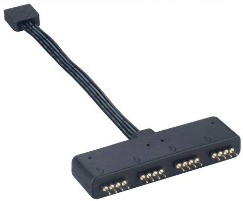 Un distributore nero per LED con tre porte e un cavo, per collegare più strisce LED a una singola fonte di alimentazione.