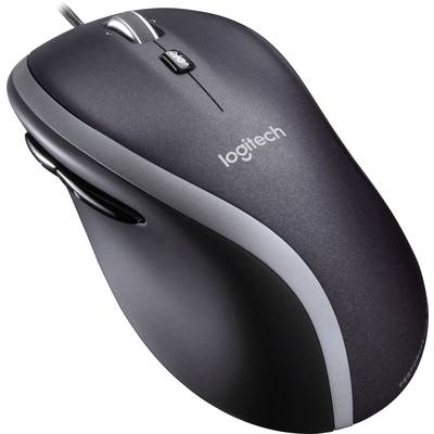 Un mouse nero con accenti argentati e una rotella di scorrimento, contrassegnato con il logo 'Logitech' sulla parte superiore.