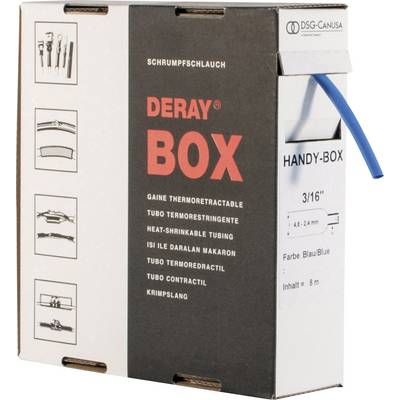 Una confezione con la scritta 'DERAY BOX' per guaina termorestringente, blu, 3/16 di pollice, 8 metri. Descrizioni in più lingue presenti.