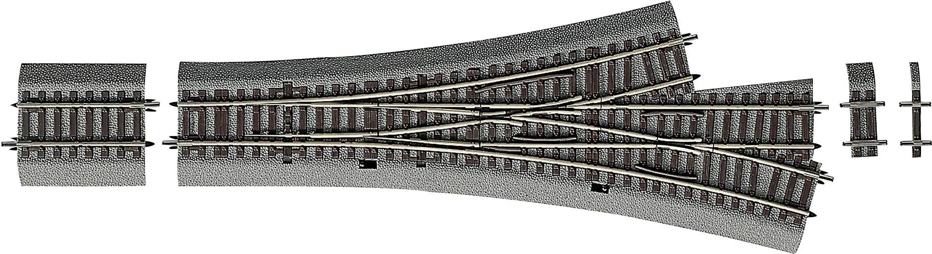 Binario ferroviario per modellismo con uno scambio e diversi pezzi di rotaia, adatto a paesaggi ferroviari in scala H0.