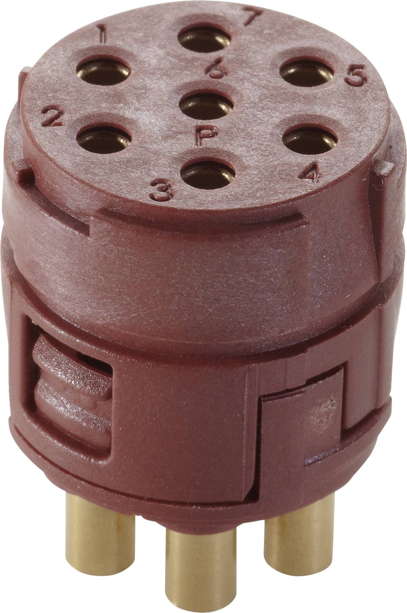 Connettore elettrico rosso con sette spinotti in ottone e attacchi numerati, tipico per rimorchi di veicoli.