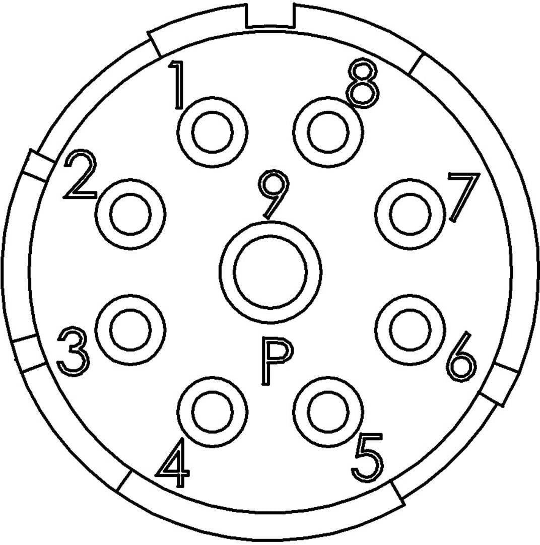 Schema elettrico di una spina con 7 contatti numerati (1-7) e un contatto centrale 'P'.