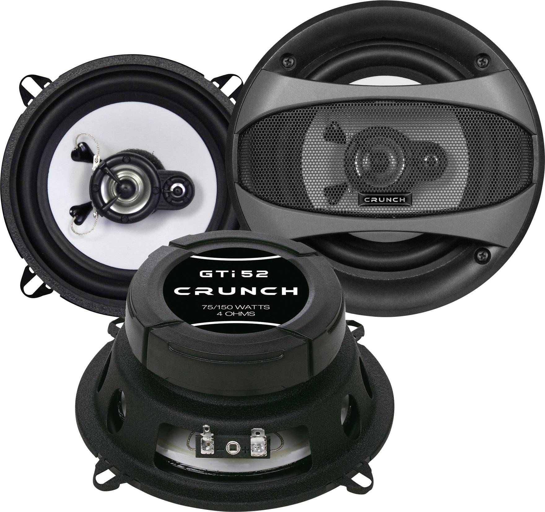 Tre altoparlanti da diverse angolazioni. Mostrano il modello GTI52 di Crunch, con specifiche di potenza di 75/160 watt e 4 ohm.