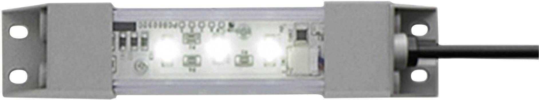 Un modulo luminoso LED rettangolare con circuito stampato visibile e cavo collegato, installato in un involucro grigio.