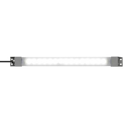 Una luce LED rettangolare con due fori di fissaggio su ciascun lato e un connettore per cavi sul lato sinistro.