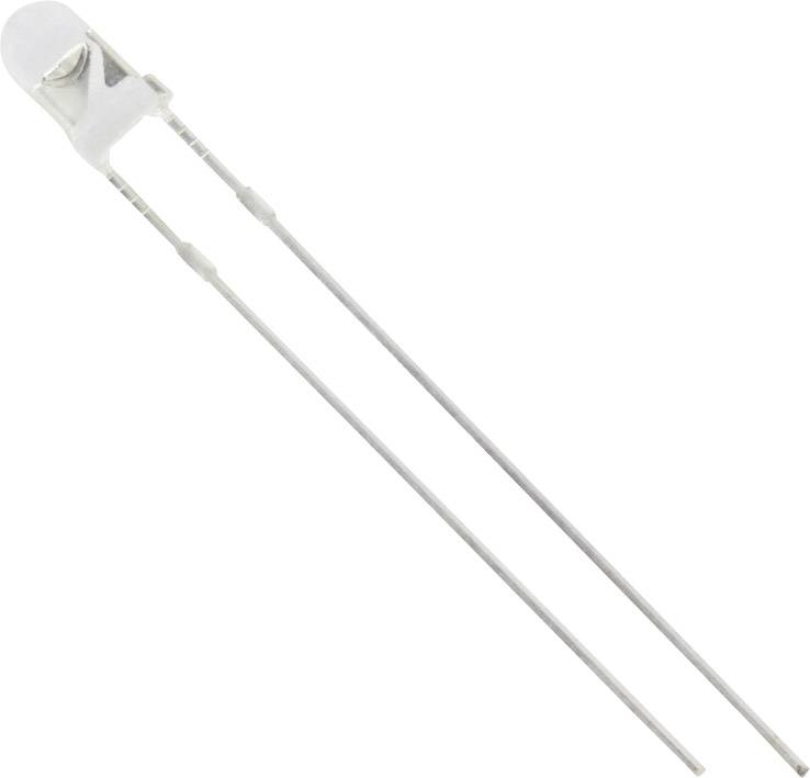 Un LED bianco, trasparente, con due lunghi terminali metallici che fuoriescono dalla parte inferiore dell'involucro.