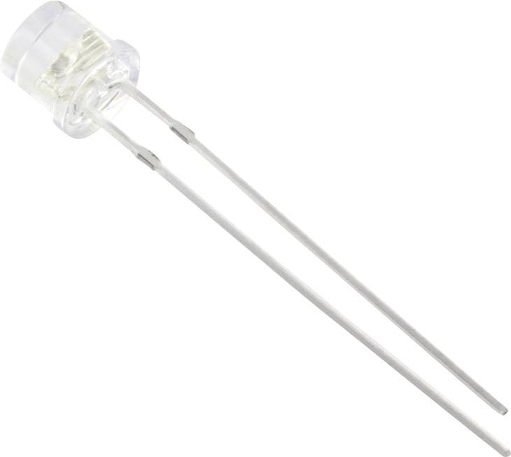 Un LED trasparente con due lunghi terminali metallici, idoneo per circuiti elettronici.