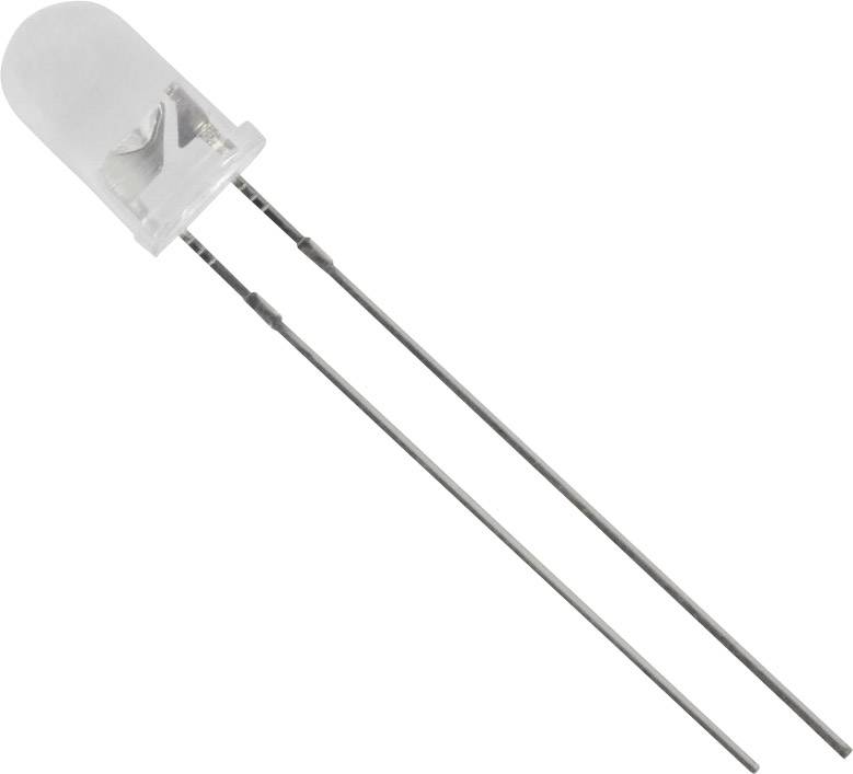 Un LED trasparente con due lunghe connessioni metalliche utilizzate per l'alimentazione elettrica.