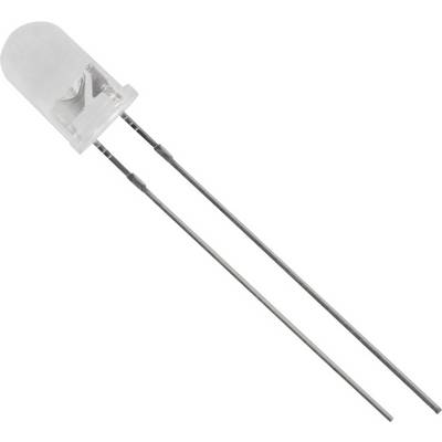 Un LED trasparente con due lunghi terminali metallici utilizzati per l'alimentazione elettrica.