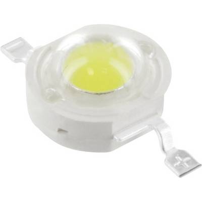 Primo piano di un diodo LED bianco con un'area luminosa gialla, montato su una piccola base rotonda con contatti di connessione sui lati.