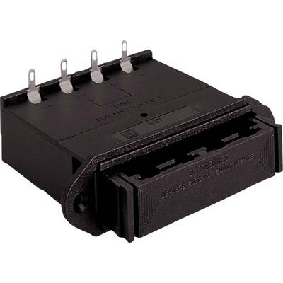 Adattatore elettrico nero con quattro contatti metallici in alto e uno slot anteriore, per collegare dispositivi elettronici.