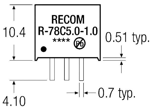 Diagramma del regolatore di tensione mostra le dimensioni: larghezza 10,4 mm, altezza 4,1 mm, distanza pin 0,7 mm, modello RECOM R-78C5.0-1.0.