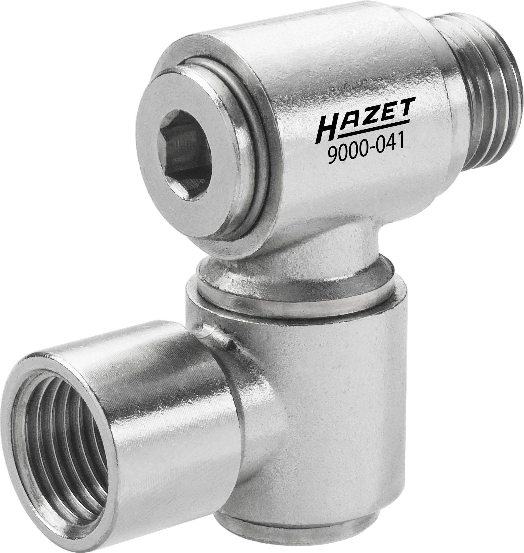 Un pezzo di giunzione cromato HAZET, numero modello 9000-041, con due attacchi a esagono interno.