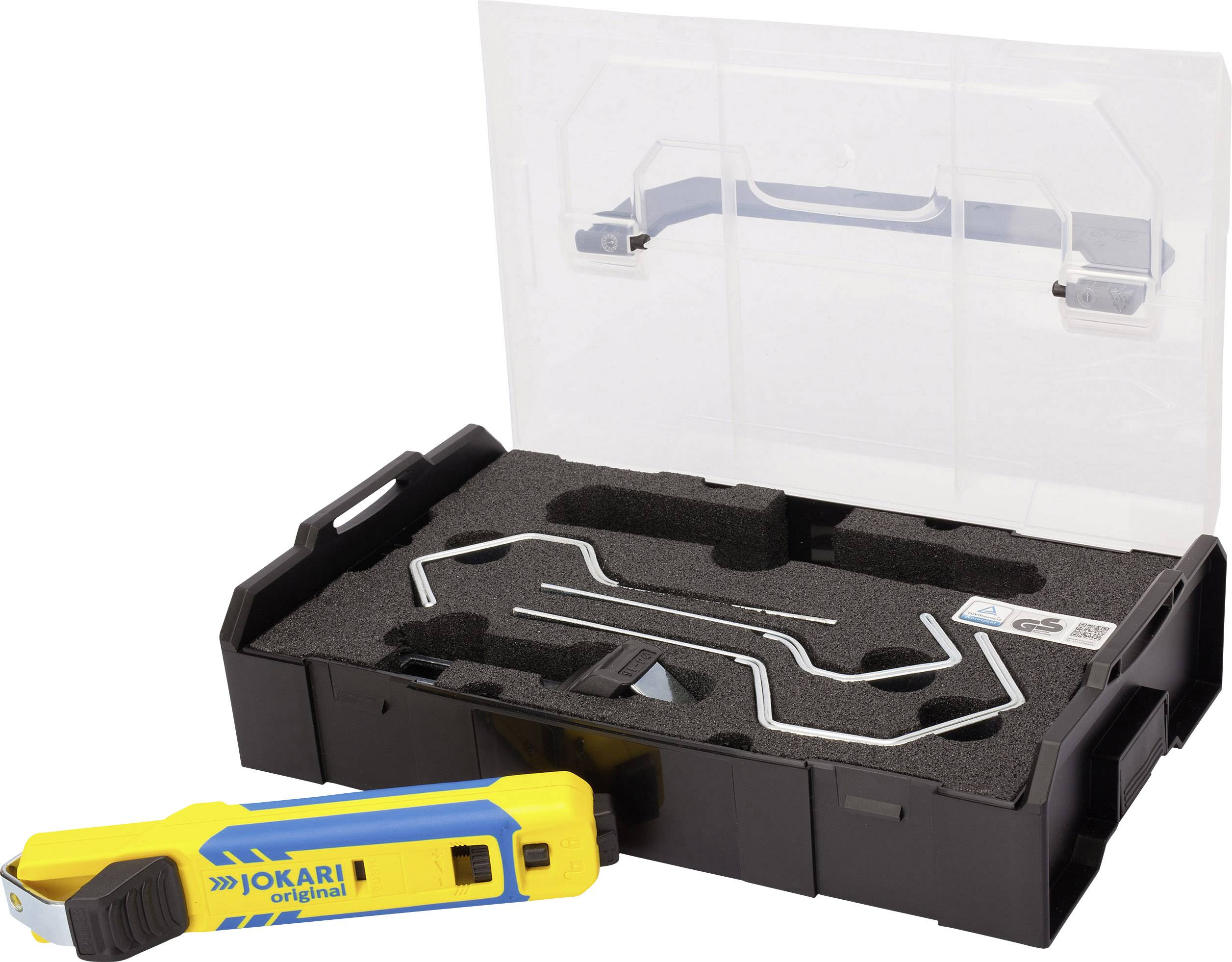 Set di utensili in una custodia nera, contiene un utensile giallo per spelare cavi e ganci metallici ricurvi all'interno di un'imbottitura in schiuma.