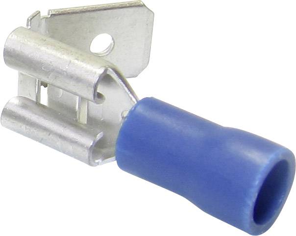 Un connettore piatto blu isolato, utilizzato per il collegamento elettrico dei cavi. Sullo sfondo è visibile un clip metallico.