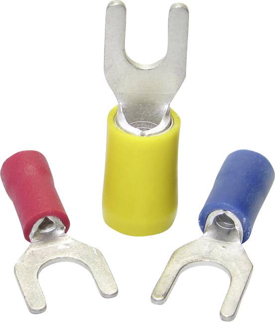 Tre capicorda con isolamento rosso, giallo e blu, ciascuno con terminali a forcella, per il collegamento elettrico dei cavi.