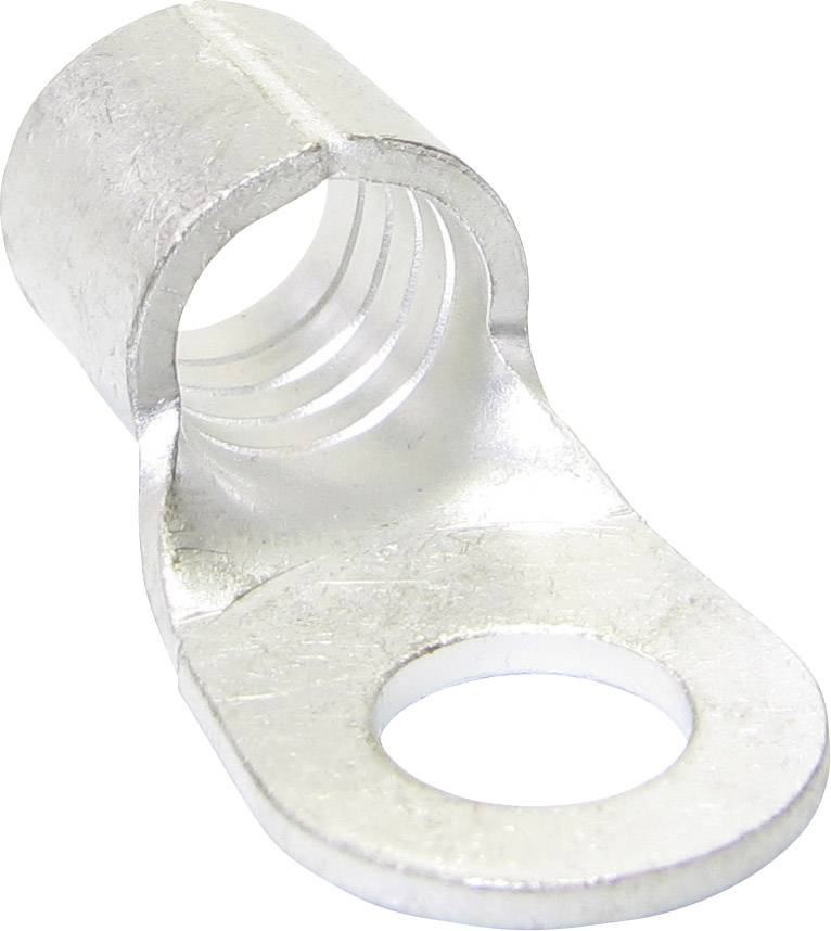 Morsetto metallico per cavo con foro di connessione circolare e staffa curva per un collegamento sicuro del cavo, raffigurato lateralmente.