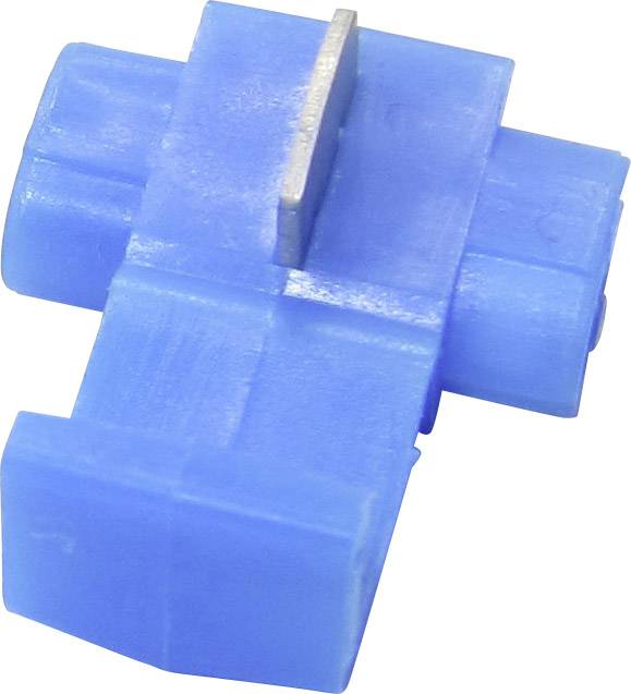 Un connettore in plastica blu a forma di croce, utilizzato per il collegamento elettrico dei fili, con un singolo inserto metallico.