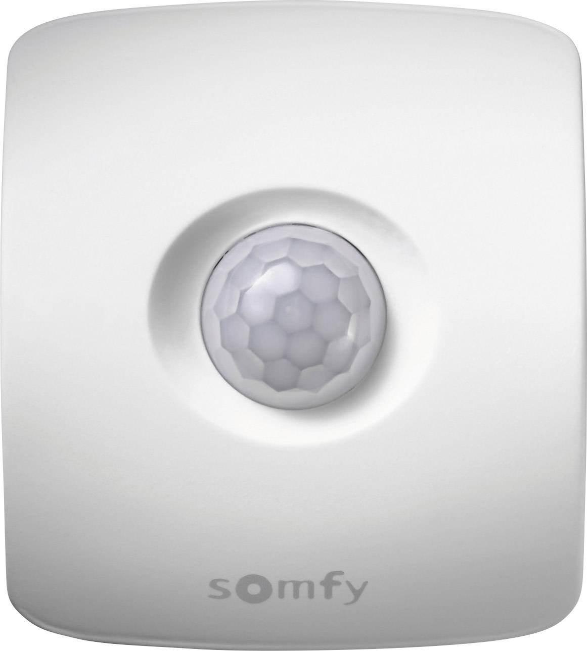 Un rilevatore di movimento bianco con una lente rotonda al centro, contrassegnato dal logo 'somfy'.