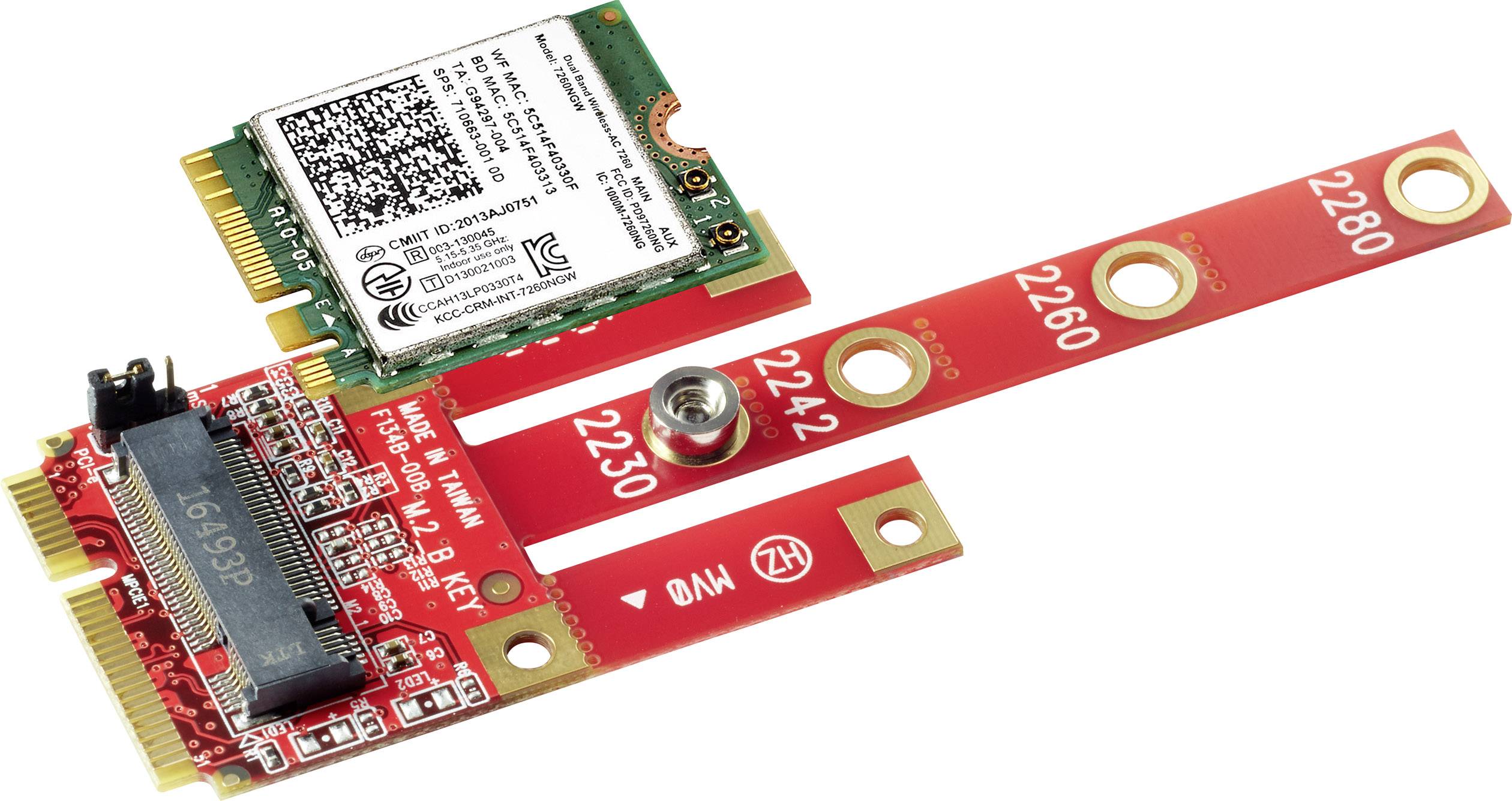 Interfaccia rossa per schede M.2 e Mini-PCIe, che mostra i punti di montaggio per diverse lunghezze di schede, su sfondo bianco.