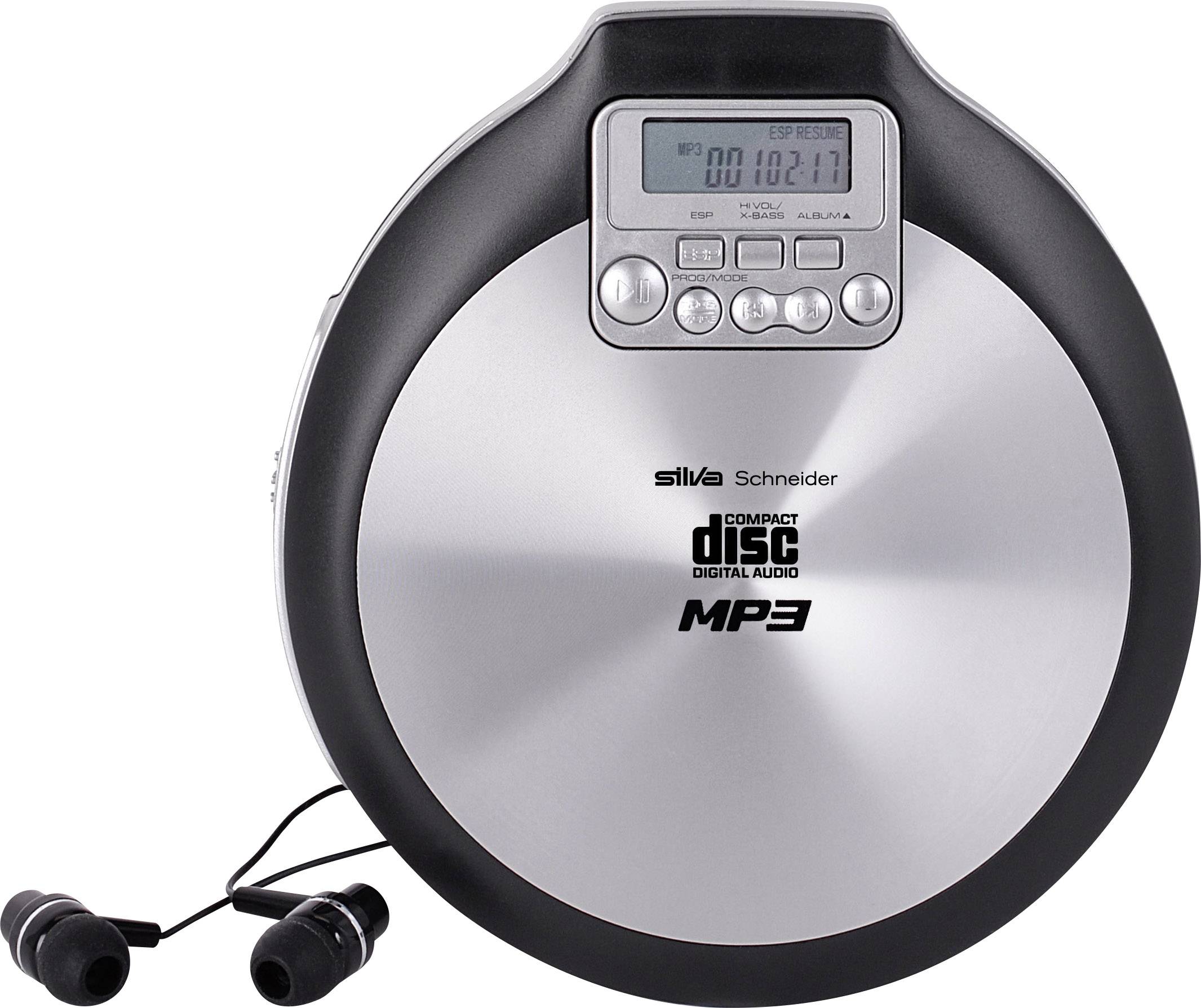 Un lettore CD portatile con funzione MP3 e display. Accanto ci sono delle cuffie collegate. Il dispositivo è rotondo e di colore argento.
