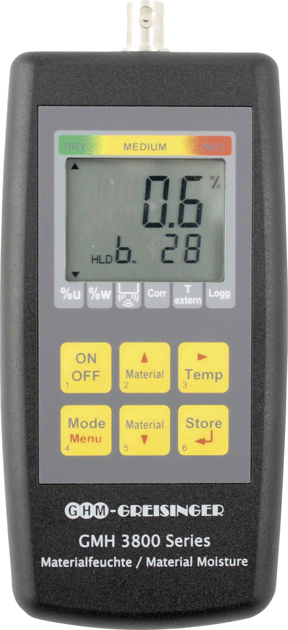 Dispositivo manuale per la misurazione dell'umidità del materiale con display digitale, indica 0,6%. Dotato di tasti per la selezione del materiale, temperatura e salvataggio.