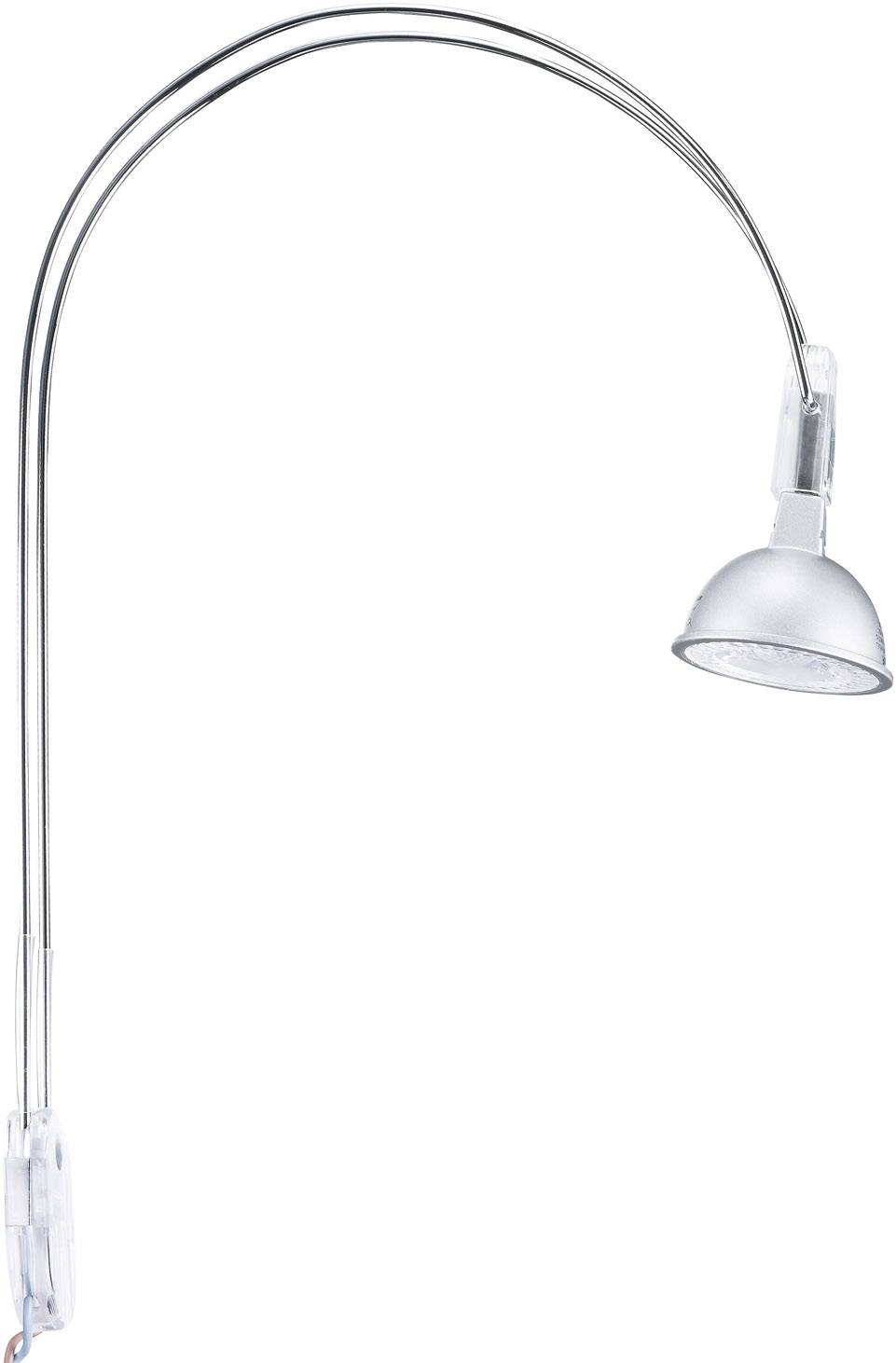 Una lampada argentata a forma di arco con paralume rotondo, ideale per illuminare aree di lavoro o angoli lettura.