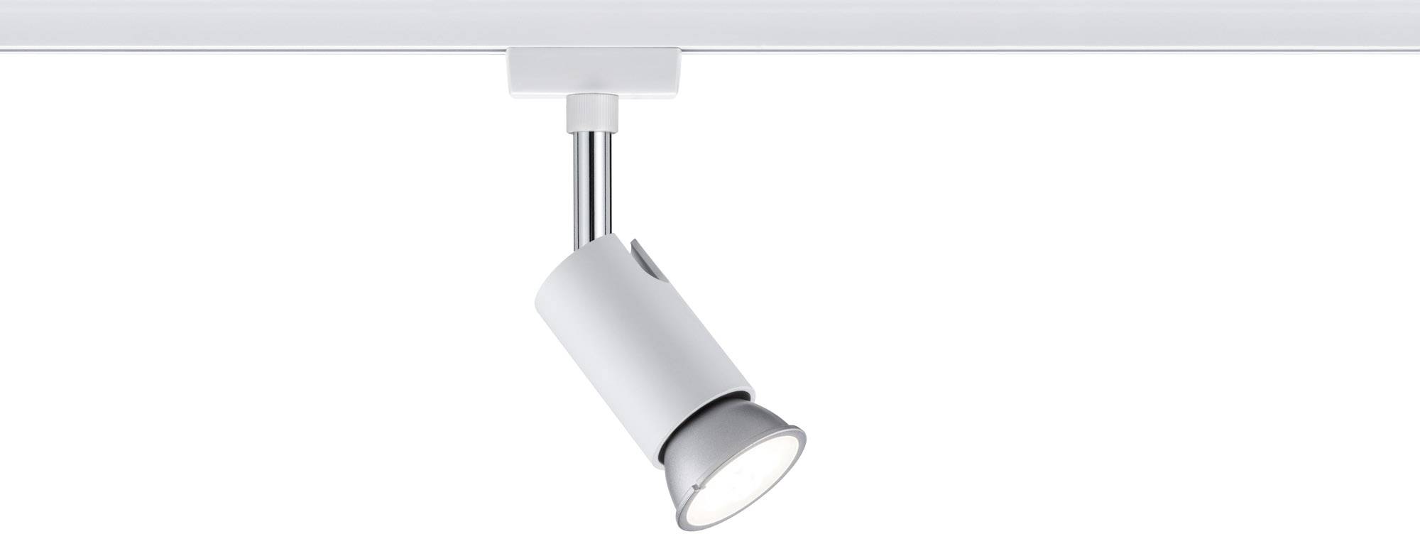Un proiettore da soffitto bianco con testa regolabile, montato su una guida, illumina verso il basso. Ideale per l'illuminazione di accento.