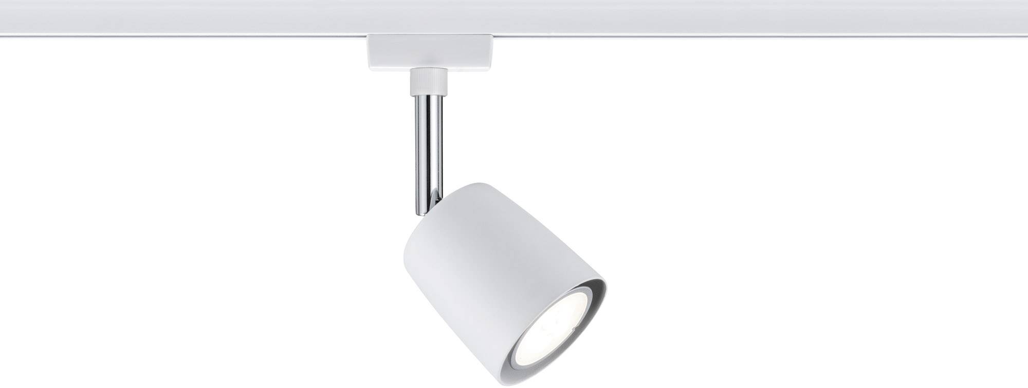 Un singolo proiettore cilindrico bianco, montato su un supporto metallico, illumina verso il basso e serve per un'illuminazione mirata.