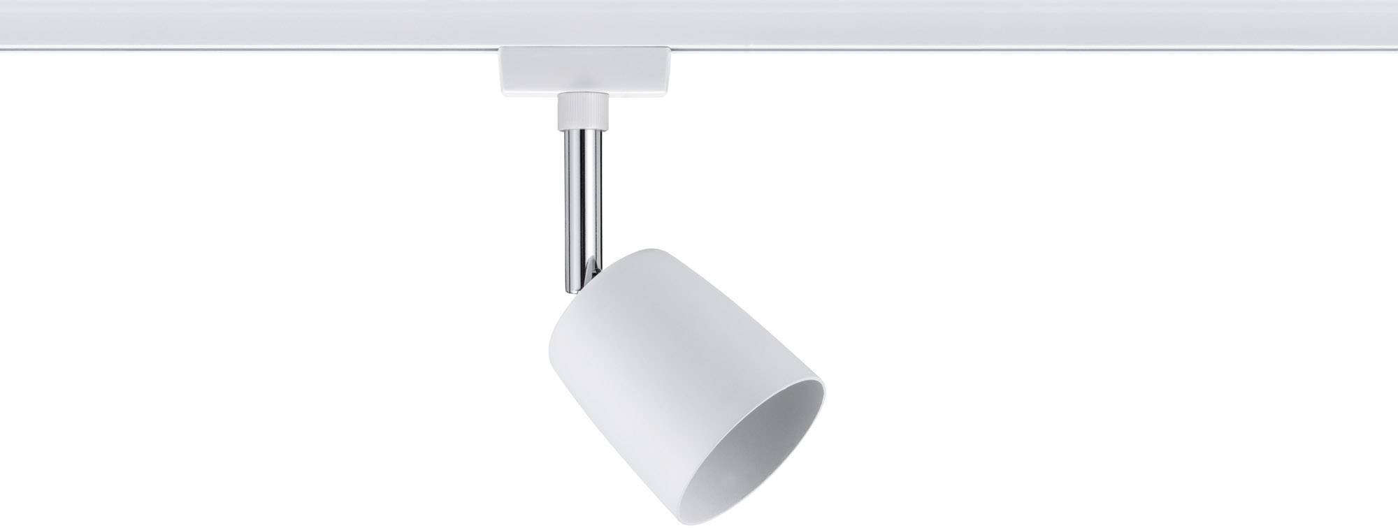 Un faretto su binario bianco è montato su un soffitto. La lampada è a forma di cilindro e puntata verso il basso.