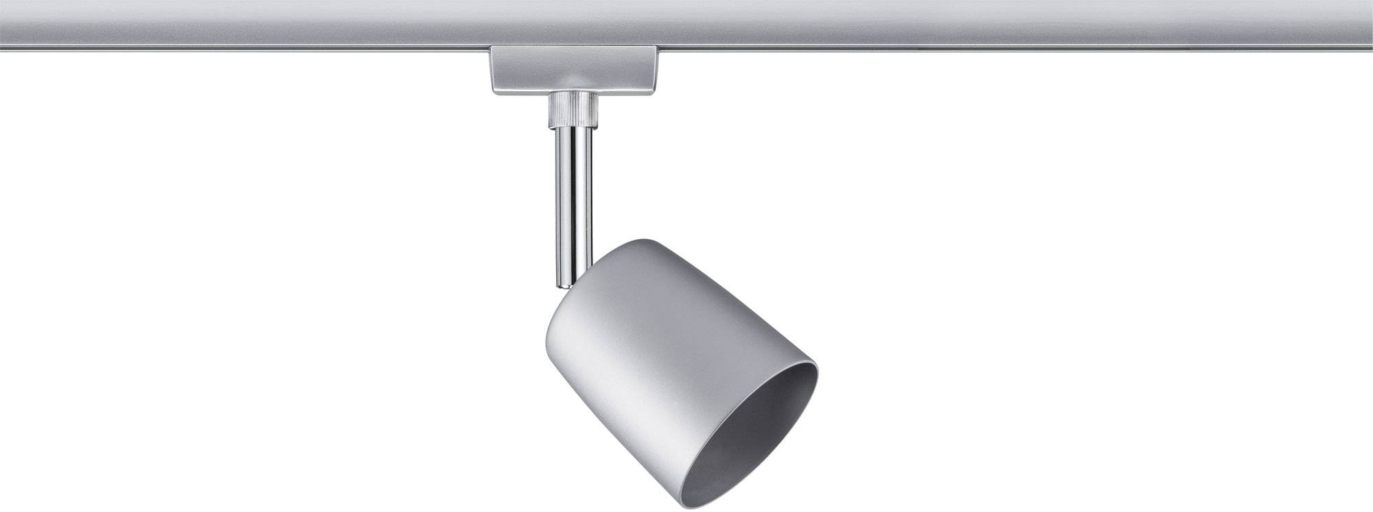 Singolo faretto a soffitto argentato montato su una guida di illuminazione, orientato verso il basso.