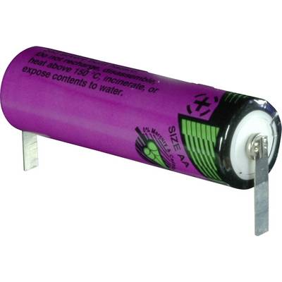 Batterie AA Lila con linguette metalliche. Avvertenze: 'Non ricaricare, non smontare o riscaldare oltre 150 °C. Non gettare in acqua.'