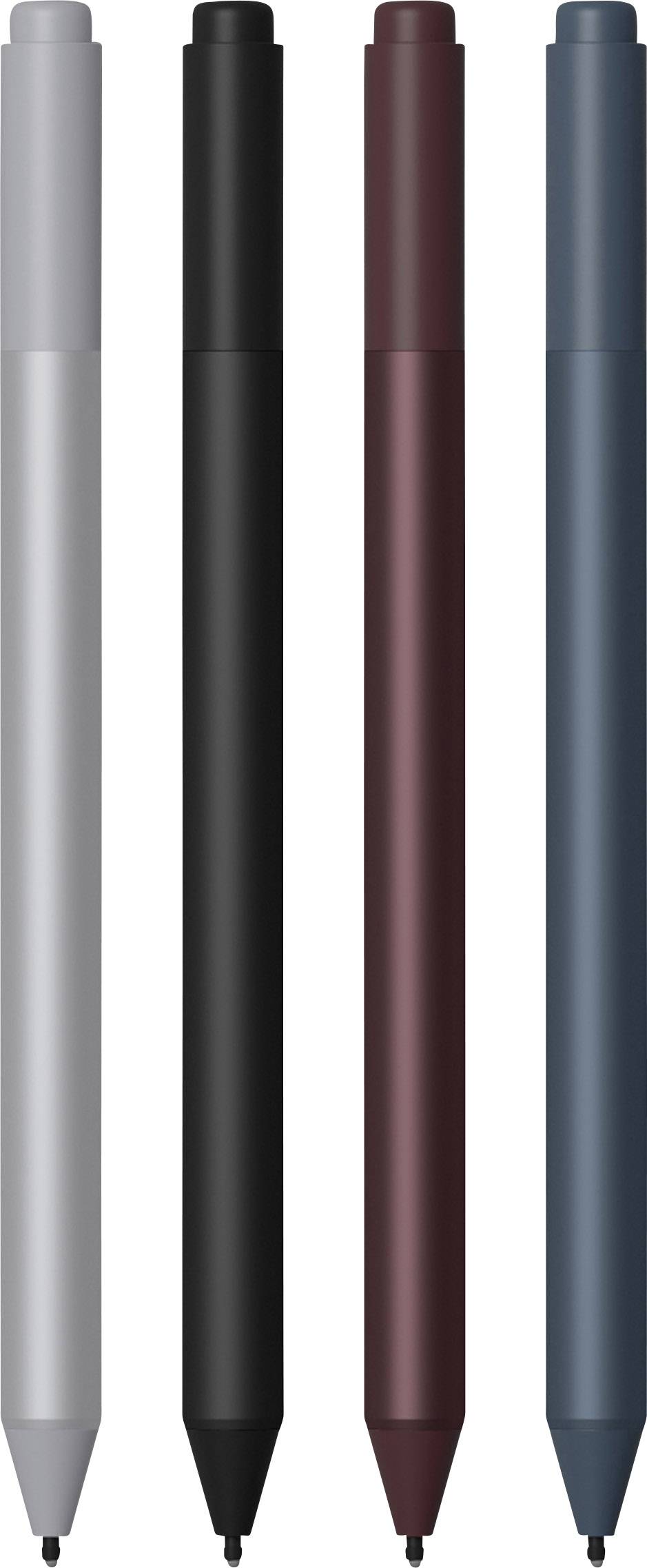 Quattro penne nei colori grigio, nero, marrone rossastro e blu sono disposte una accanto all'altra.