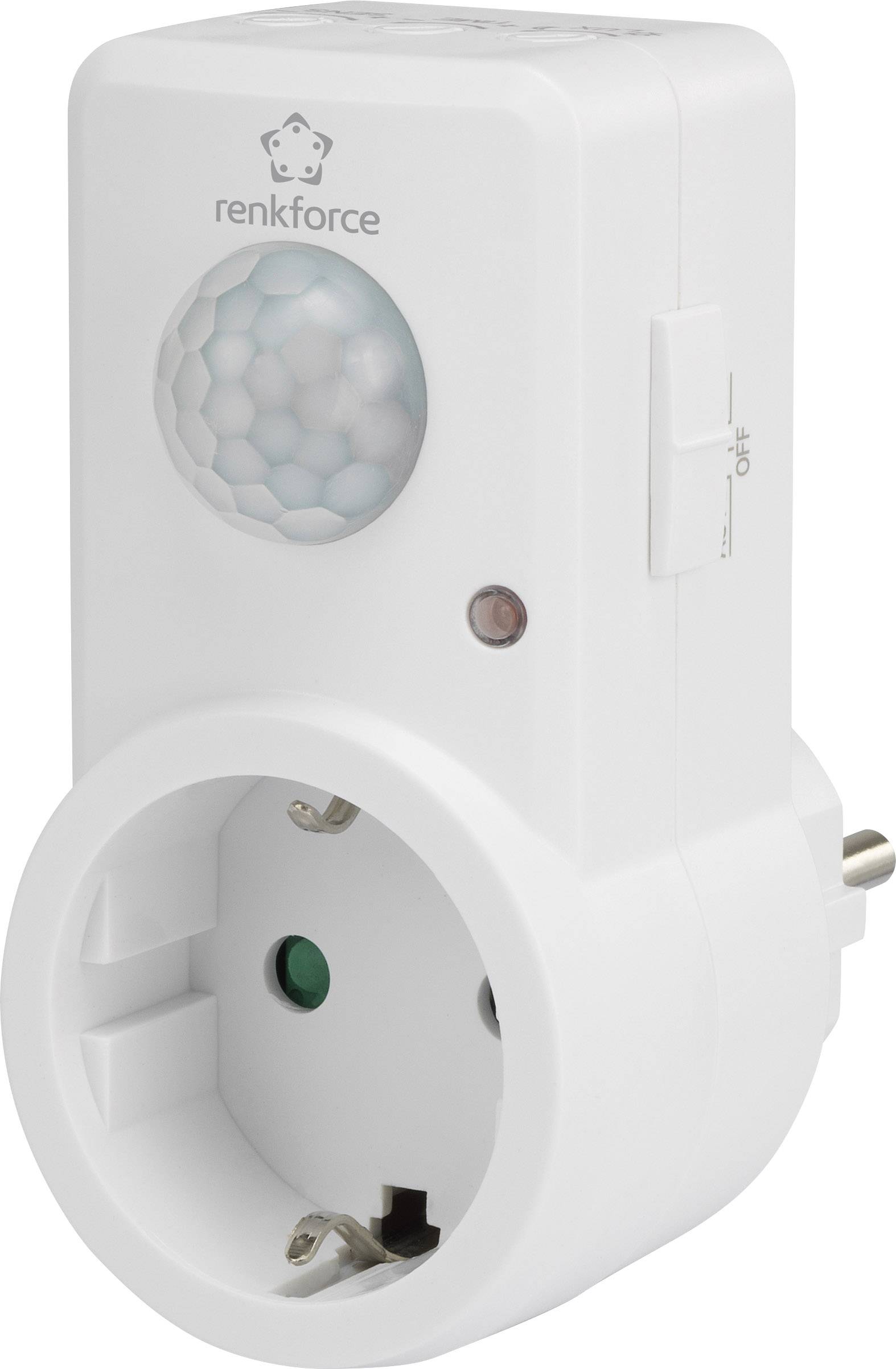 Presa elettrica con rilevatore di movimento e interruttore laterale, marca Renkforce. Adatta per il controllo automatico di apparecchi elettrici.