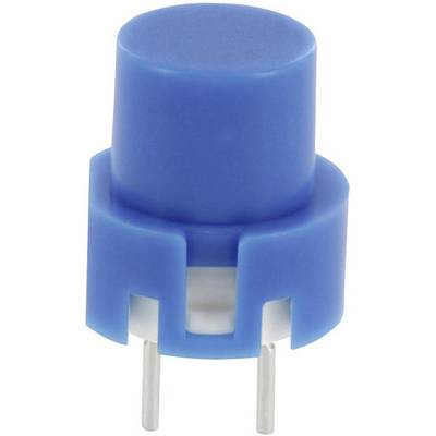 Un pulsante blu, cilindrico, con due piedini metallici per il collegamento elettrico.