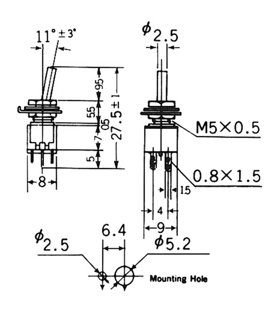 Disegno tecnico di un interruttore con dimensioni: altezza, larghezza e diversi diametri indicati. Schema di montaggio in basso.