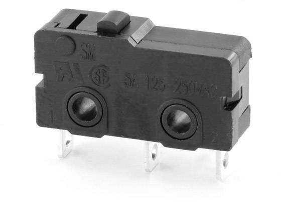 Interruttore miniatura con involucro nero e tre terminali metallici, idoneo per applicazioni elettriche con max. 250VAC, 5A.