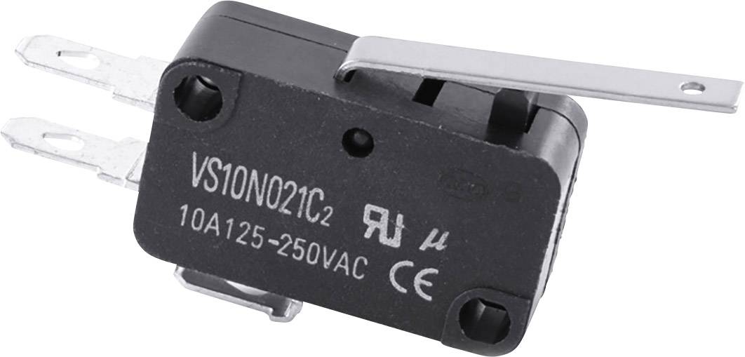 Un microinterruttore con leva, contrassegnato 'VS10N021C2', idoneo per 10A125-250VAC.