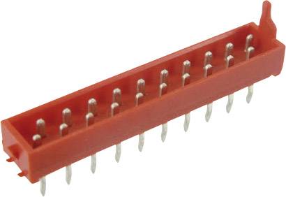 Connettore rosso con sedici pin metallici, allineato orizzontalmente, per connessioni elettroniche.